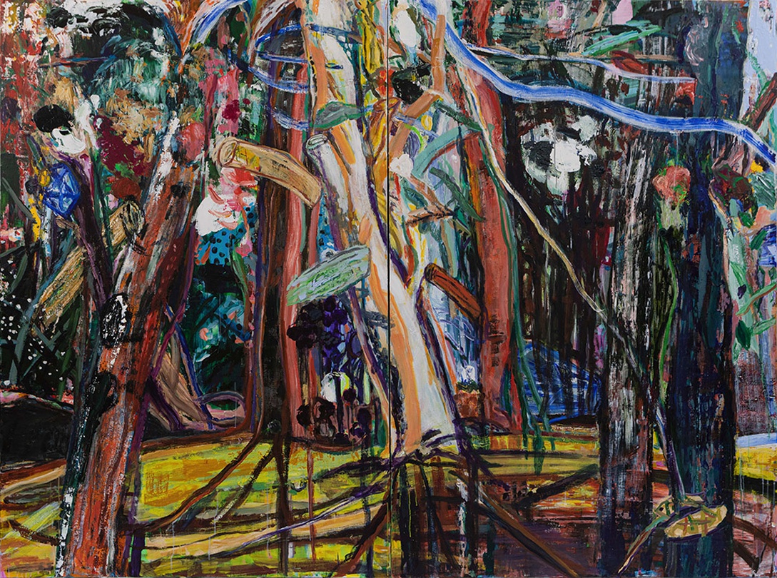 최명애, 기억의 숲 1, 193,9 x 260 cm (diptych), acrylic on canvas, 2021