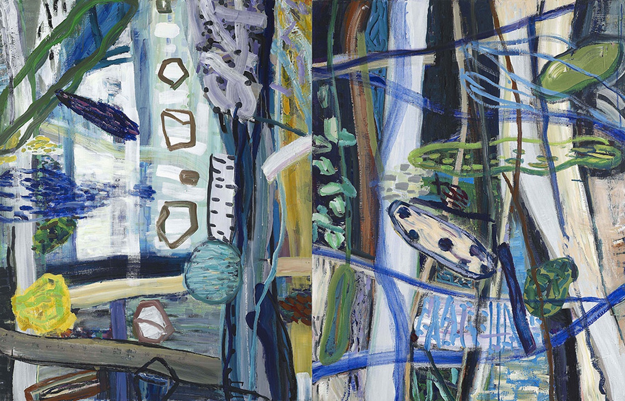 최명애, 숲에 있는 것들, 116,8 x 182 cm(diptych), acrylic on canvas, 2021