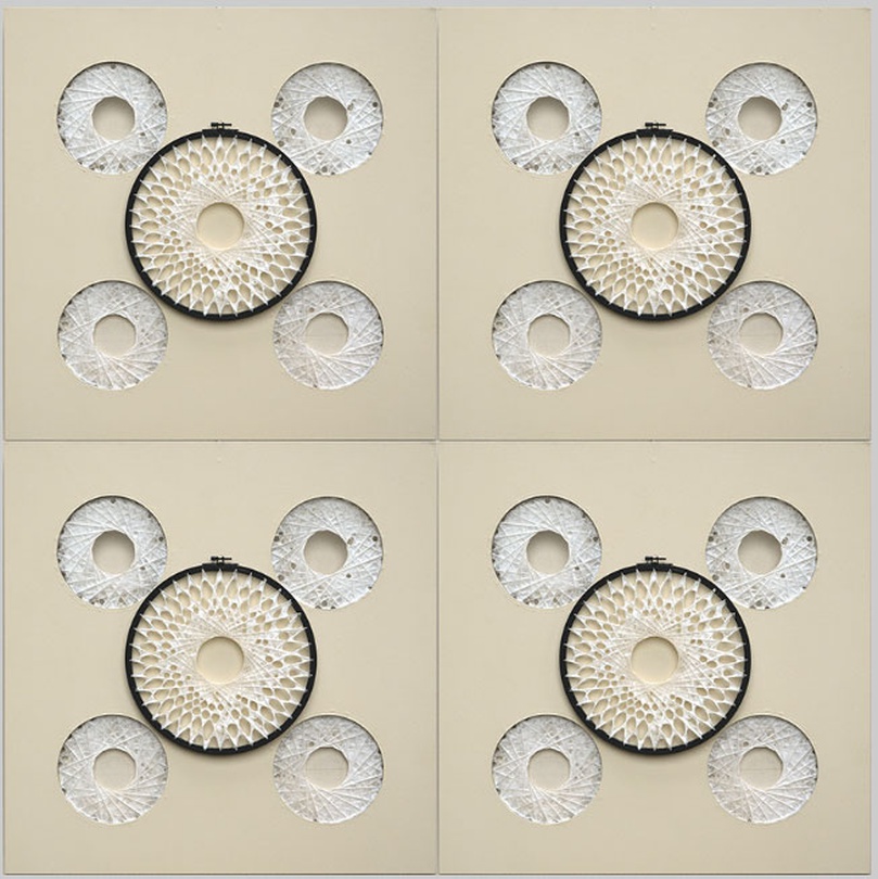 신학, 윤원, 73x73cm,  타공판에 아크릴 도장, 수틀, 실, 닥나무지료, 경첩, 2016