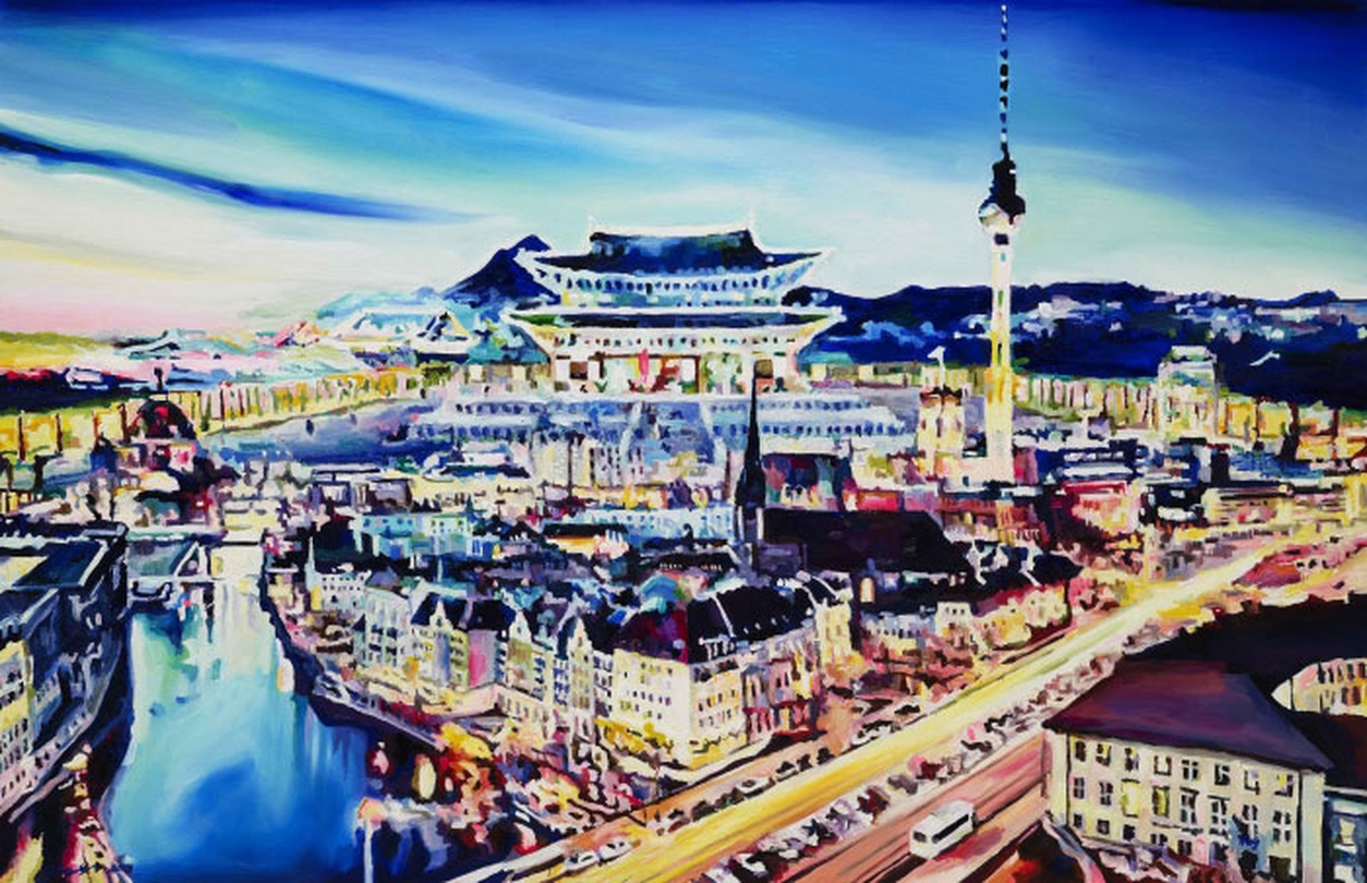 김주희  < 경복궁+스톡홀름 >  oil on canvas  82x123cm  2015