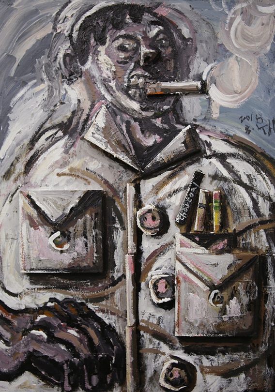 배윤환 내 주머니 속 총알들 패널 위에 나무 콜라주, 아크릴 50×35cm 2016-2017