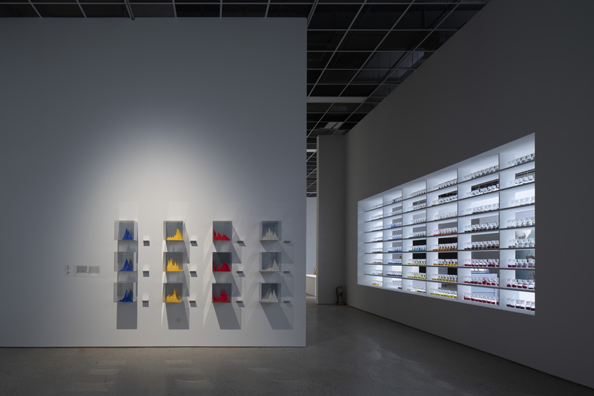 {C의 도구} 500여 종의 다양한 안료(우)와 안료 분석 3D 그래프(좌)