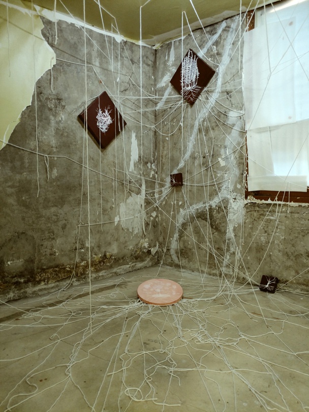 백정록, 가공되지 않은 것들, Oil on canvas, Thread, 가변설치, 2017  이미지제공 : 스페이스만덕