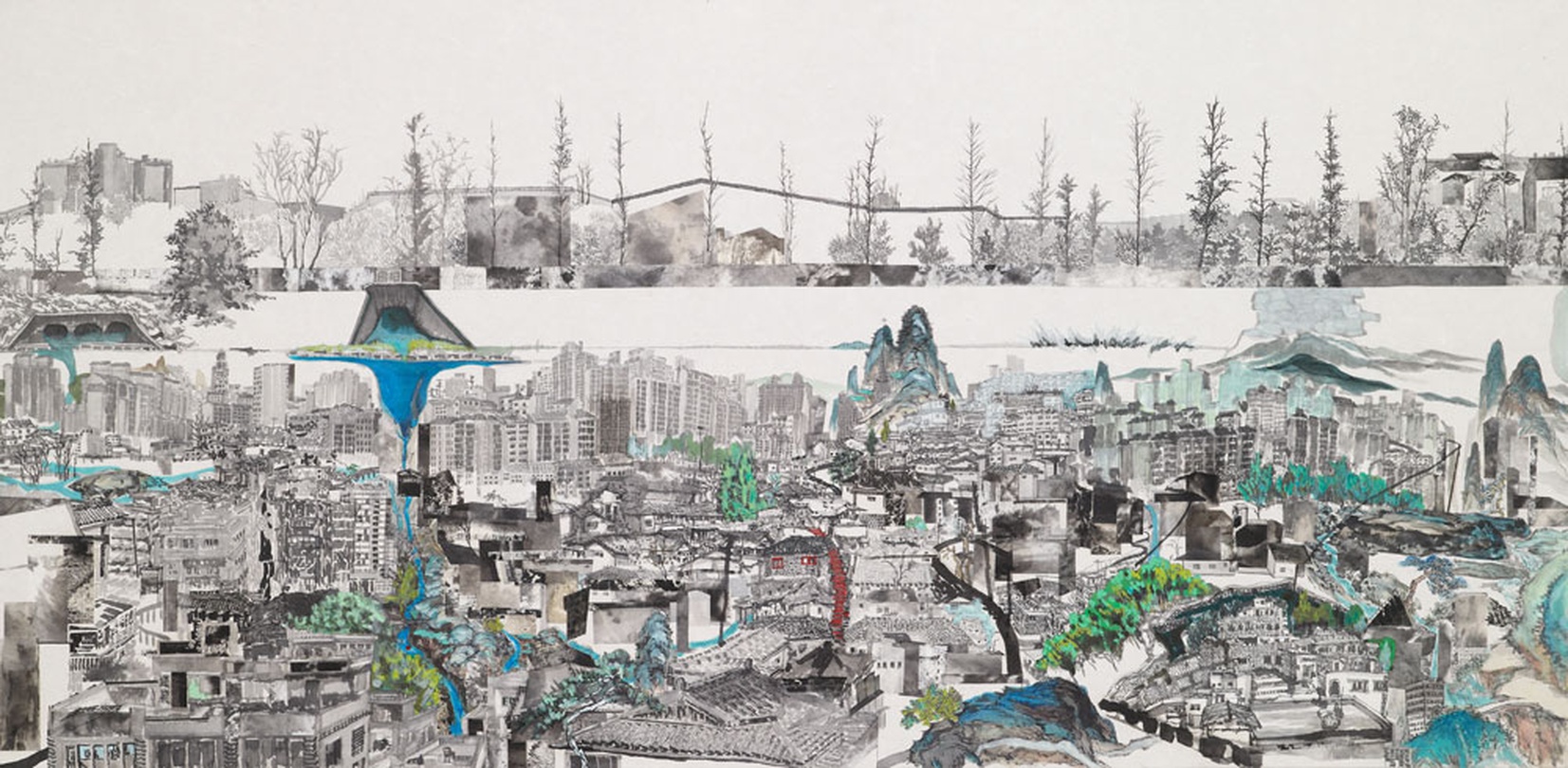 동시적 공간2_한지에 수묵꼴라쥬, 아크릴_64×130cm_2015