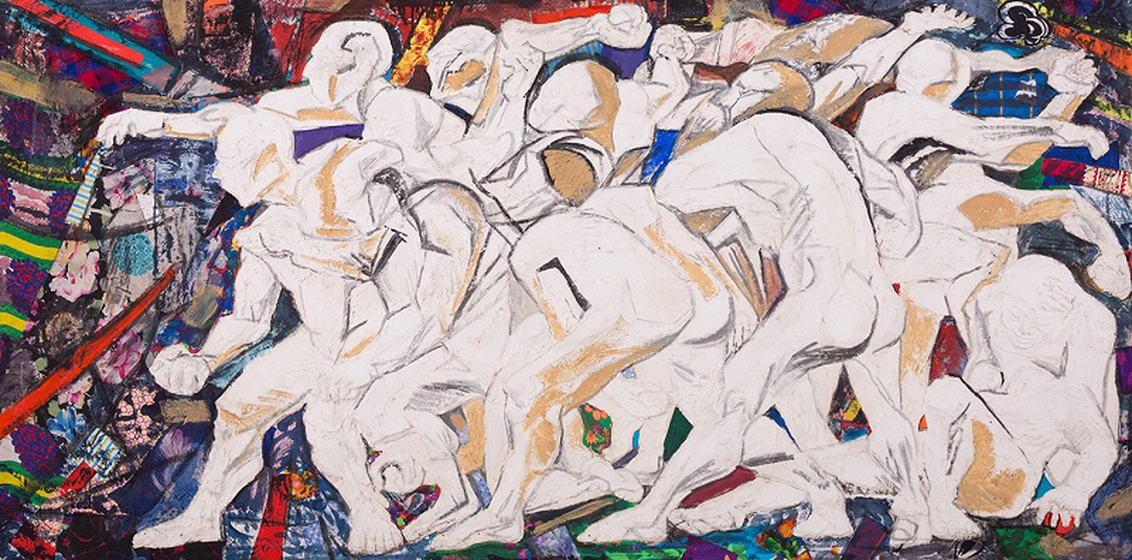 황재형, 군상, 1986, 판 위에 종이부조, 122x244cm