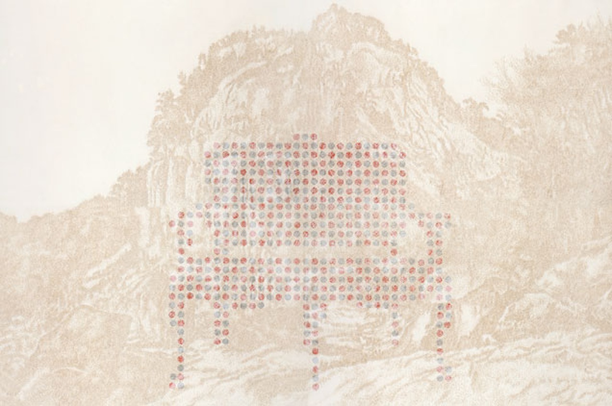 이길우, 서로 다른 개념의 두가지 치유, 알약과 풍경2, 360x240cm, 순지에 향불, 장지에 배접, 코팅, 2012