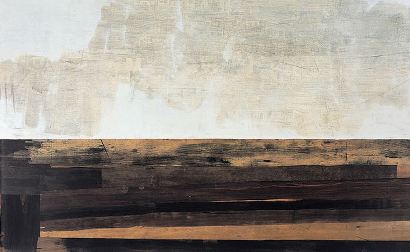 최원진, 낙원도7, 182x290cm, 석회에 목탄 호분 식물유, 나무에 염료 셀락, 2003