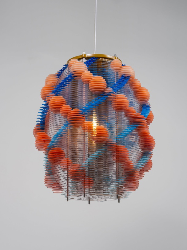 Jorge Pardo  Untitled  2024  PETG 2 mm, automotive acrylic enamel, birch, and aluminum  70 x 70 x 87(h) cm  Courtesy of artist & PKM Gallery.