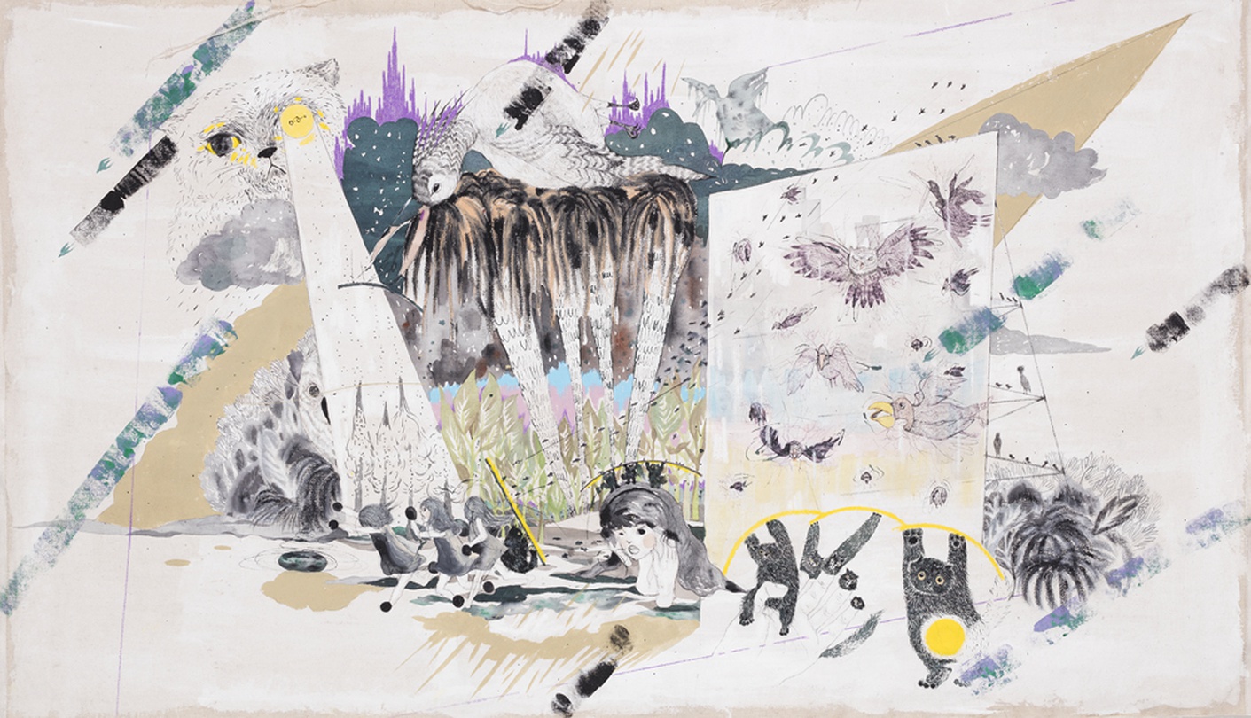 봄로야, 답 없는 공간_근사한 악몽_히어로 요도크, 2015, 77x136cm, mixed media on linen