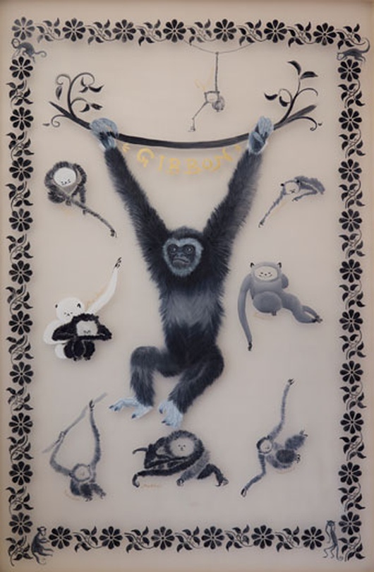 Masae KARIYA, Gibbon in the old painting , Silk acrylic resin Indigo ,Acrylic paint gold & white , 1010 x 1550 mm , 2017