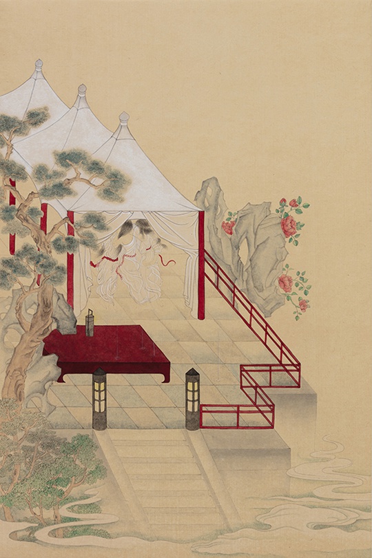 정해나_연회장의 밤 5. 실비 내리는 댄스홀_2020_옻지에 채색_91×60.5㎝