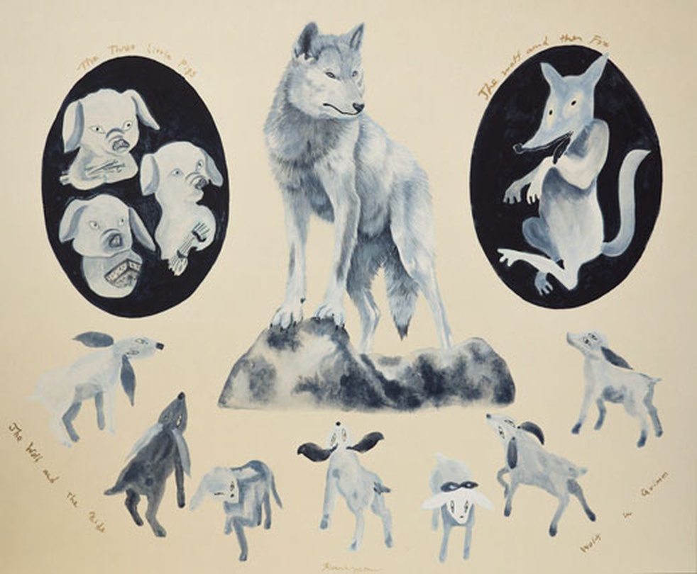 Masae KARIYA, Wolf in Grimm, Japanese paper, Indigo, Acrylic paint gold & white, glue , 606 x 500mm, 2017