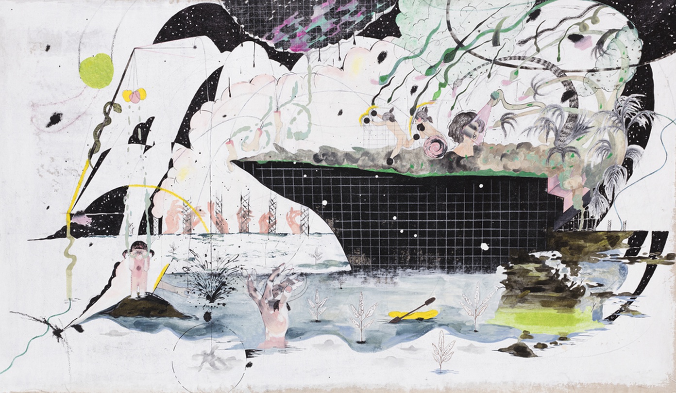 봄로야, 답 없는 공간_근사한 악몽_작은 요도크, 2016, 80.7x136cm, mixed media on linen